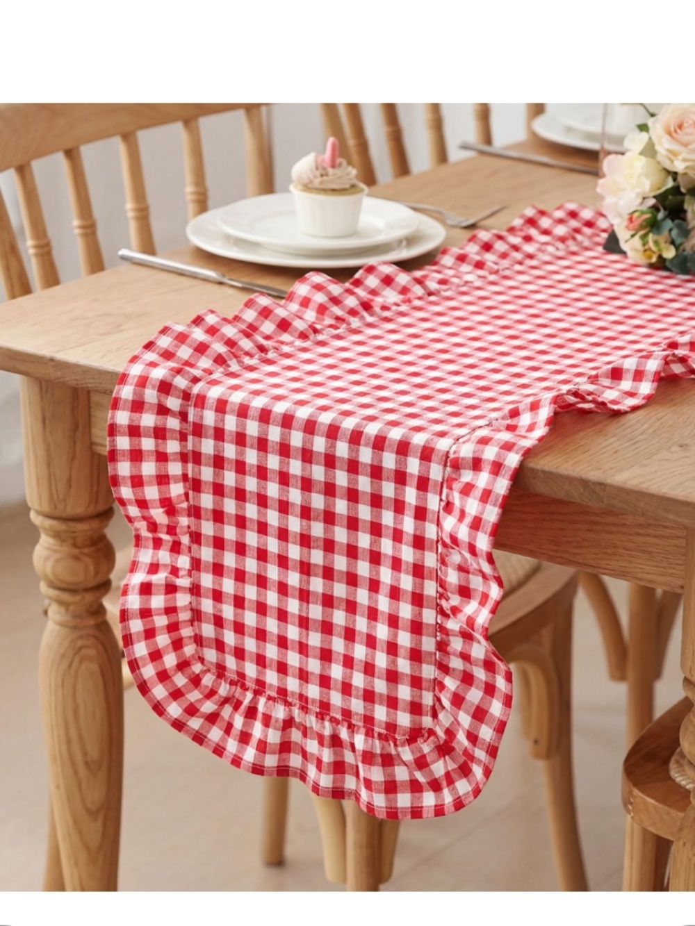 Farmhouse Gingham Scalloped Table Runner 100% Cotton RED PLAID